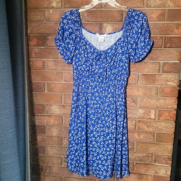 Passport Blue Floral Dress Smocked Waist Open - Sz L (fits like a Small Med) - Picture 5 of 10